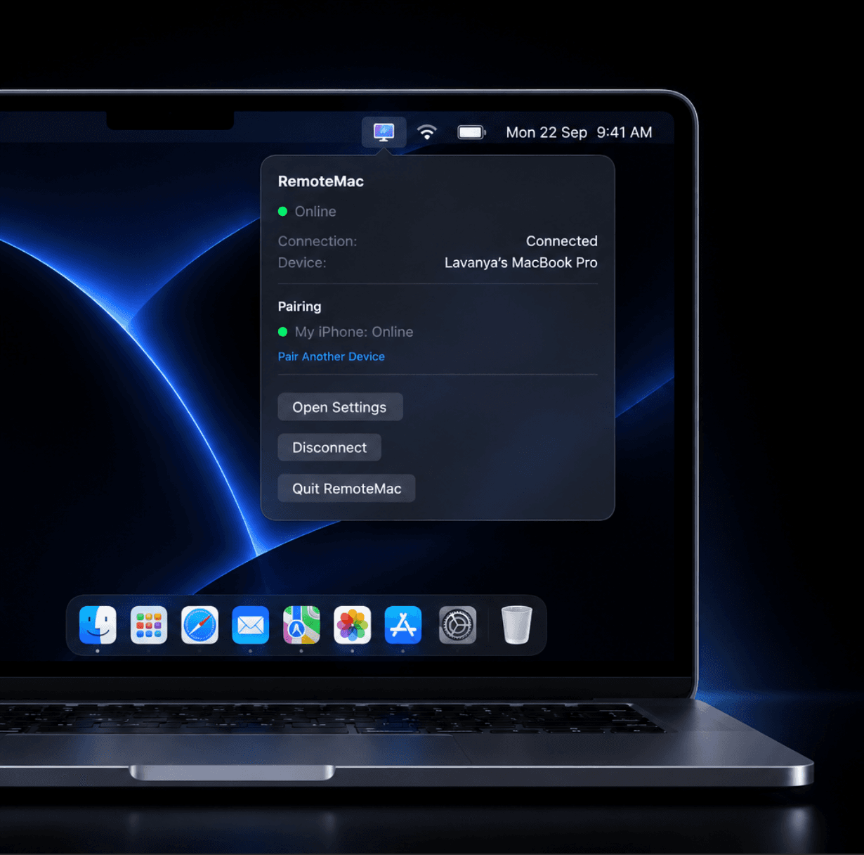 RemoteMac's real macOS menu bar dropdown: online, connected, paired with an iPhone
