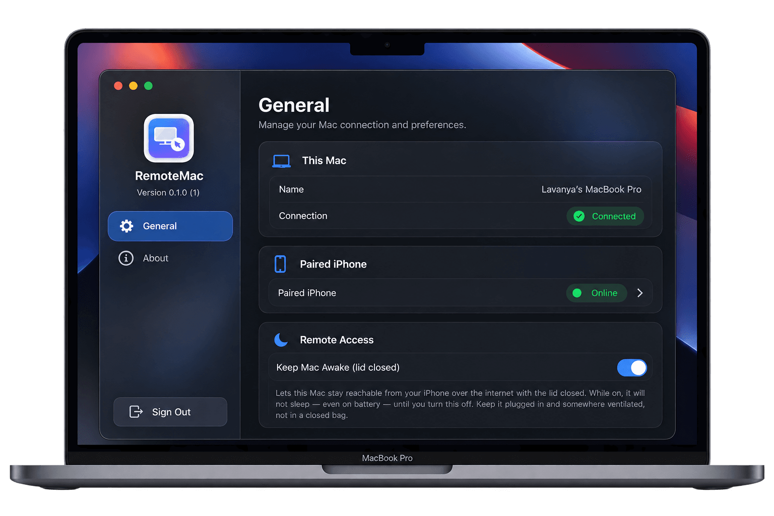 RemoteMac's Settings panel on macOS showing This Mac, Paired iPhone, and Remote Access with Keep Mac Awake enabled