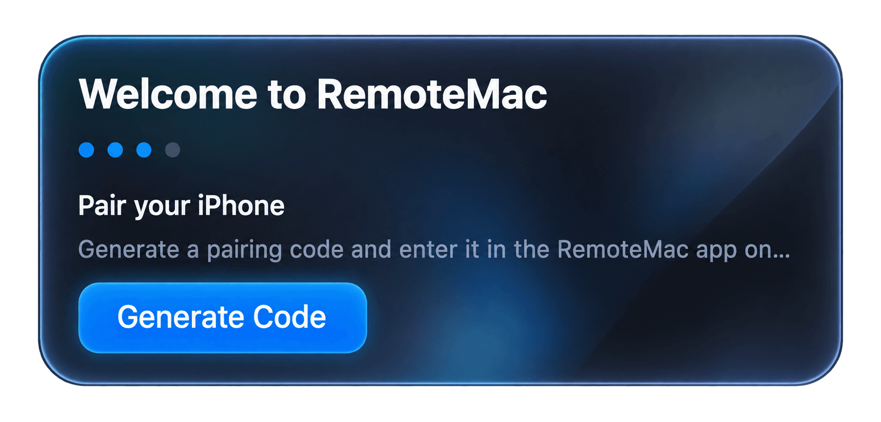 RemoteMac onboarding on the Mac: "Pair your iPhone" step with a Generate Code button