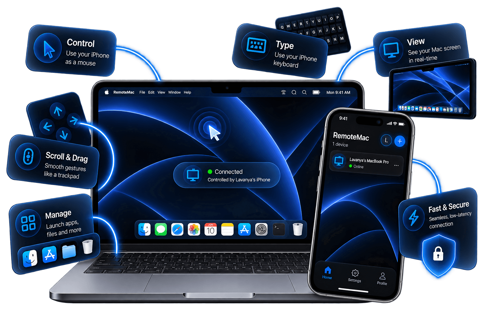 RemoteMac controlling a MacBook Pro from an iPhone: cursor control, keyboard typing, live screen view, scroll and drag gestures, app management, and a fast, secure connection