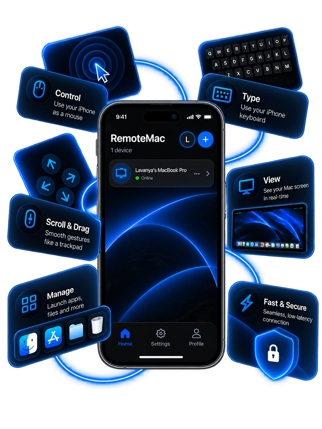 RemoteMac controlling a Mac from an iPhone: cursor control, keyboard typing, live screen view, scroll and drag gestures, app management, and a fast, secure connection