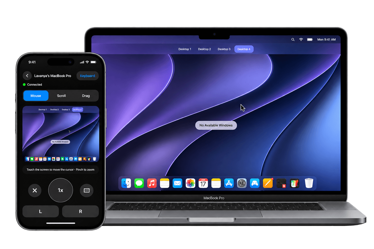 RemoteMac's Screen Mode mirroring a MacBook Pro's desktop onto an iPhone, with cursor control, keyboard typing, and scroll and drag gestures
