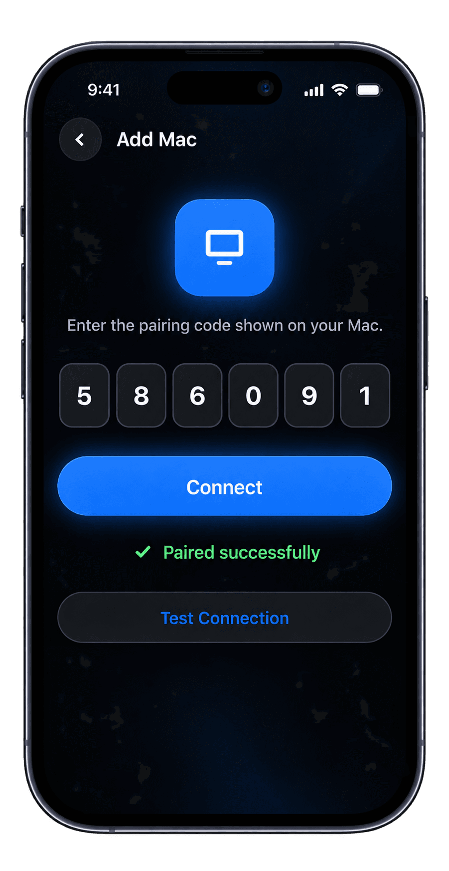 RemoteMac pairing screen on iPhone: the six-digit code entered, paired successfully